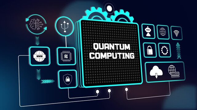 Powerful hud animation representing quantum computing for advanced data processing research and futuristic digital tech ads