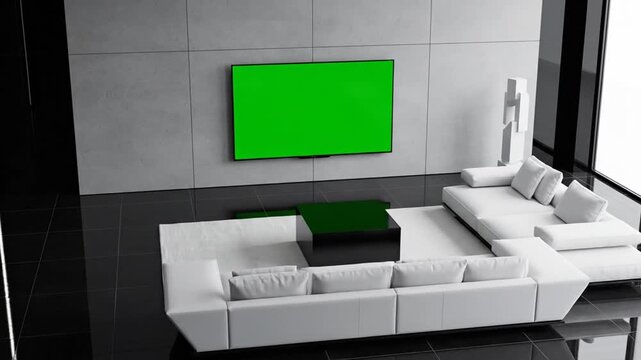 Modern living room with large flat-screen television displaying a green screen for creative use