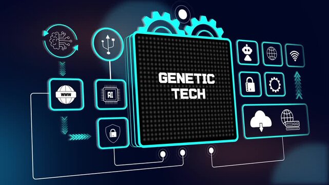 Futuristic genetic tech hud interface for smart bioengineering tutorials, digital biology analysis and global tech growth