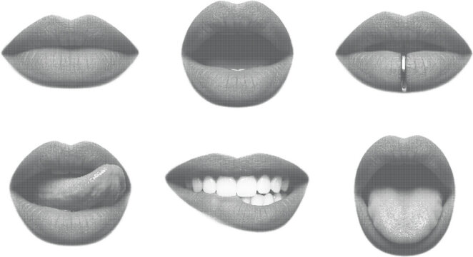 Set of smiling mouth and biting lips halftone design concept with black dots texture isolated on a white background space.