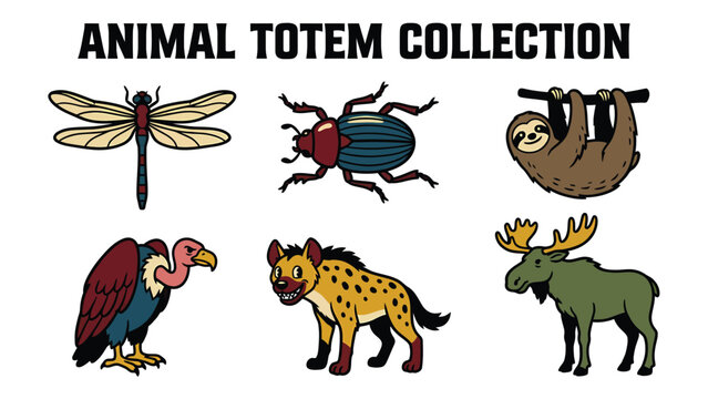 Flat Design Wildlife Set - Cartoon Animals: Dragonfly, Beetle, Sloth, Vulture, Hyena, Moose