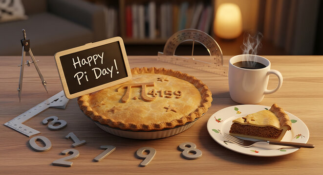 Happy Pi Day Concept with Math Symbols, Baked Apple Pie, Geometry Tools and Coffee on Wooden Table
