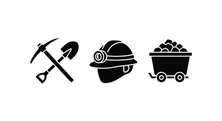 Mining tools including a pickaxe helmet and ore cart silhouette © ANISURRAHMAN