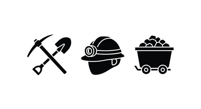 Mining tools including a pickaxe helmet and ore cart silhouette