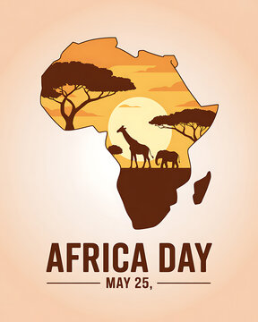 A vibrant illustration celebrating Africa Day on May 25th with wildlife silhouettes