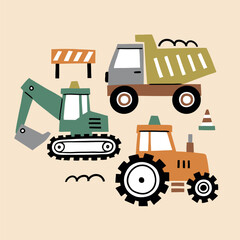 Vector construction truck clipart on isolated background. Hand drawn dumper and excavator illustration. © MirabellePrint