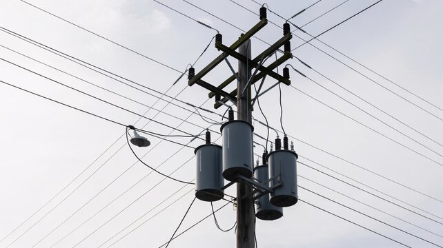 Electricity transmission tower with power lines and insulators
