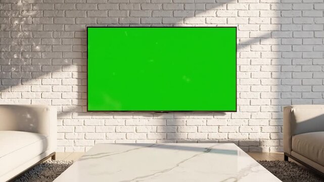 Sleek modern living room with a wall-mounted television displaying a vibrant green screen, ideal for custom video content and digital presentations