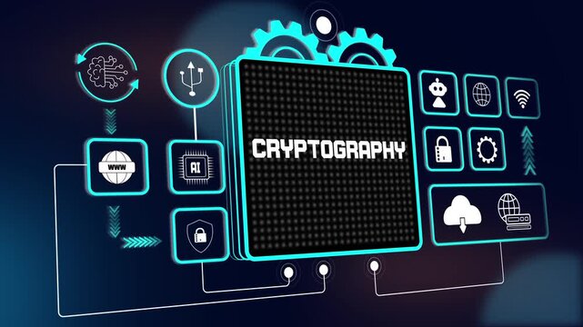 Futuristic cryptography hud interface for smart network protection tutorials, digital security software and tech growth