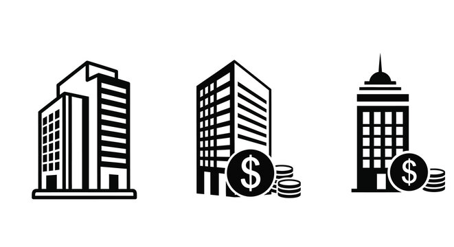 Buildings with dollar signs and coins a stark black silhouette