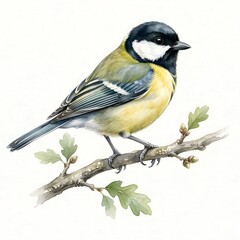 Obraz premium Great Tit Bird Watercolor Illustration Perching on Oak Branch