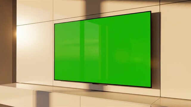Modern home entertainment setup with a large flat-screen television displaying a vibrant green screen, perfect for customization and digital content creation