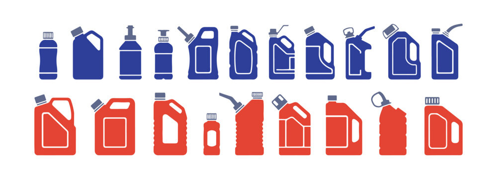 Set of disposable fuel containers, clean vector flat icons isolated on white.