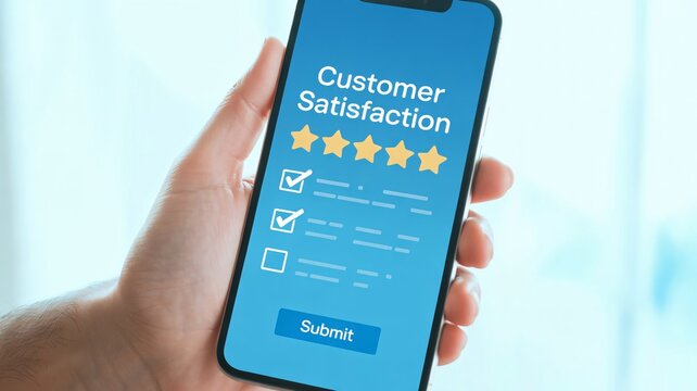 Hand holding smartphone with customer satisfaction survey on screen
