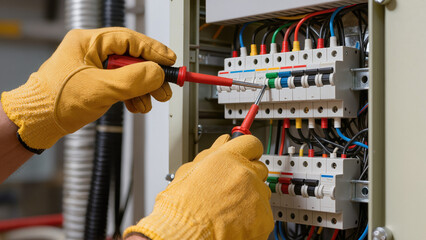 electrician at work, Electrician works on panel, Technician wears safety gloves, Expert performs maintenance work, Safety comes first here, Man inspects the circuit, Hand tools ensure precision