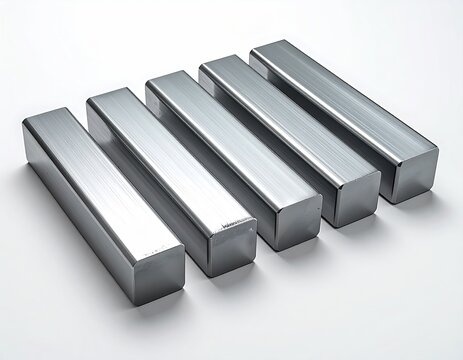 Five metallic, rectangular bars aligned on white surface