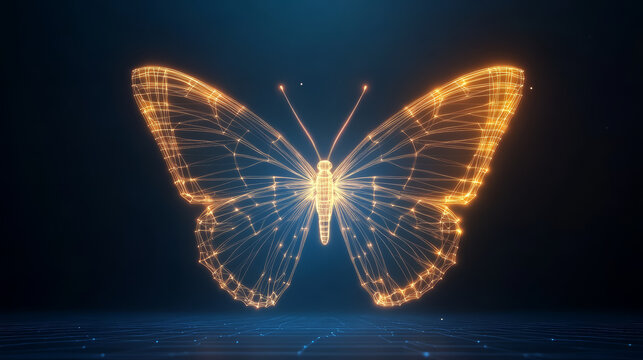 Glowing butterfly, stardust, digital, high fidelity, luminous, abstract, blue background