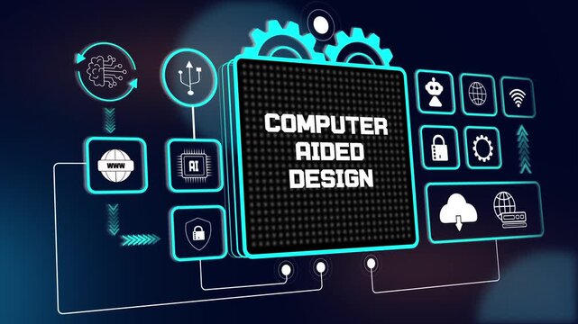 Dynamic hud animation of computer aided design for advanced engineering research and futuristic industrial product ads