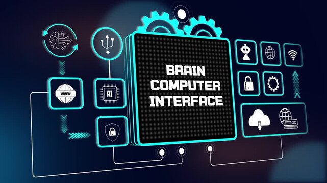 Futuristic brain computer interface hud interface for smart neural network tutorials, digital biology design and tech growth