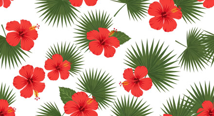 Vibrant Red Hibiscus Flowers and Green Palm Leaves Seamless Pattern © Kuwadi