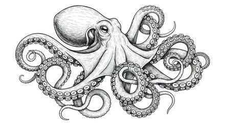 Detailed ink sketch of an octopus with swirling tentacles, white background © Kuwadi