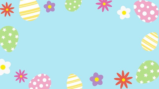 Happy Easter background with colorful Easter eggs and flowers.
