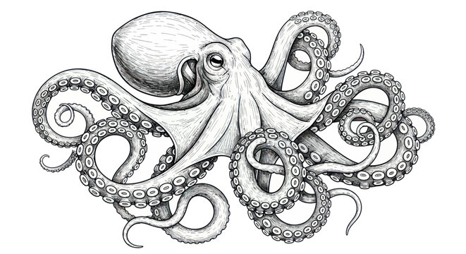 Detailed ink sketch of an octopus with swirling tentacles, white background