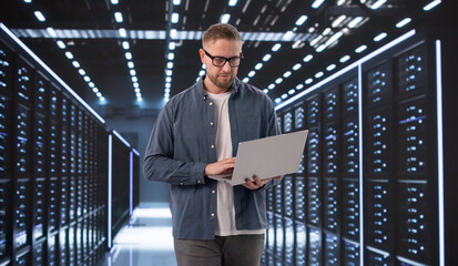 Fototapeta premium Data Center Technician Oversees AI Security Systems