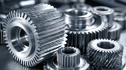 Obraz premium Interlocking Metallic Gears of Various Sizes in Industrial Setting