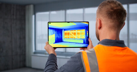 Naklejka premium Technician Inspecting Indoor Wall Insulation
