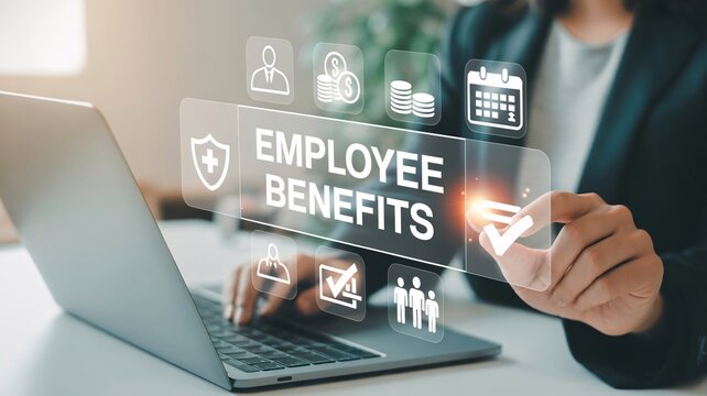 Businessperson interacting with employee benefits icons on laptop