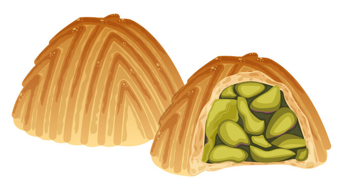 Traditional Pistachio Filled Maamoul Cookies for Eid Al-Fitr, Isolated Vector Illustration of Middle Eastern Semolina Pastry, Whole and Halved Bitten Cookie with Nut Filling