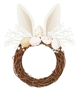 Minimalist Easter Wreath with Natural Twigs, Pastel Decorated Eggs, White Baby's Breath Flowers and Cute Bunny Ears, Isolated Vector Illustration for Spring Holiday Design.