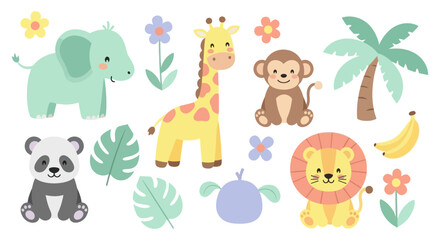 Fototapeta premium Cute Cartoon Jungle Animals, Flowers, Palm Tree, Banana - Flat Vector