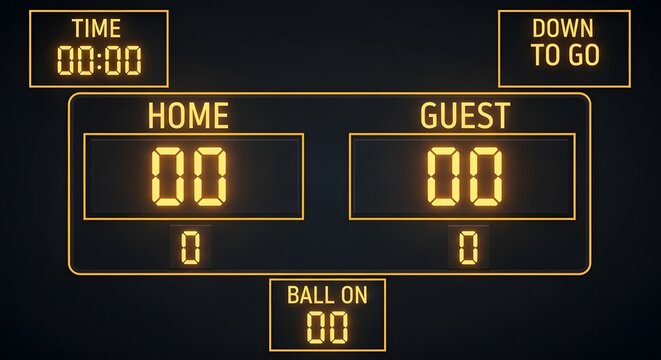 American football scoreboard display with yellow numbers on black background