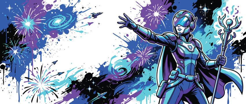 Space Captain Posing Heroically Amidst Cosmic Fireworks and Splatter Art