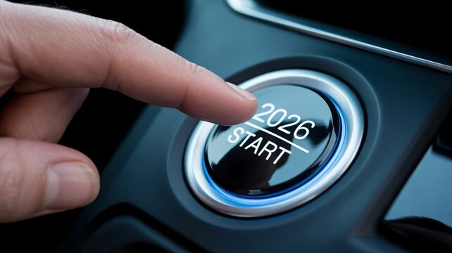 Hand pressing car start button with 2026 text