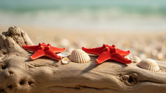 Red starfish and seashells on driftwood at a sunny tropical beach