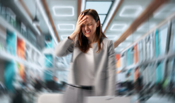 Woman Battling Vertigo And Balance Challenges. Vestibular Disorder