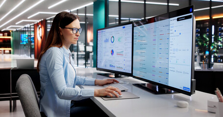 Female Compliance Officer Analyzing Risk Scores Across Several Monitor