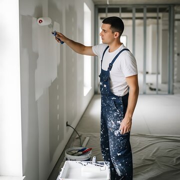 Young craftsman applies fresh coat of paint to interior drywall surface during renovation