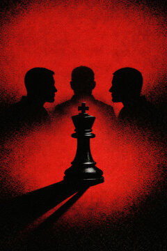Silhouettes of people gather around a king chess piece, bold red background