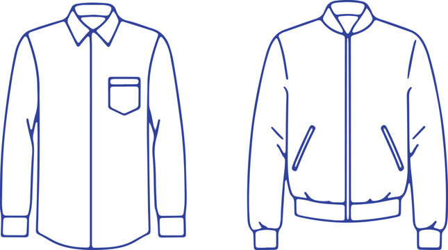Comparison of a button-up shirt and a zip-up jacket design in blueprint style