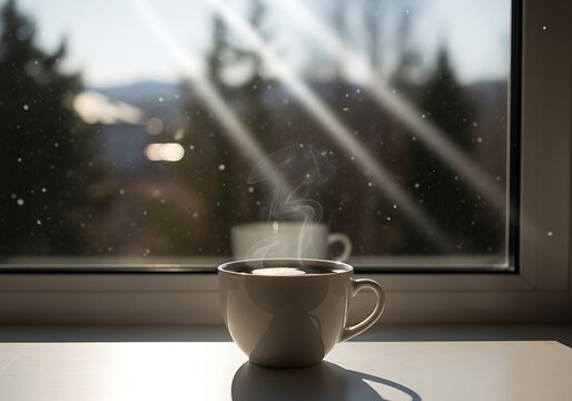 Steaming beverage rests on a sunlit windowsill overlooking an outdoor scene
