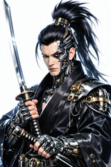 Obraz premium Cybernetic Warrior with Katana, Futuristic Samurai Portrait on White