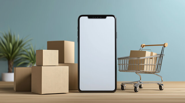 スマートフォンと段ボール箱のオンラインショッピングコンセプト シンプル背景