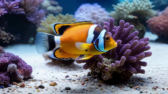 A vibrant underwater scene featuring a colorful clownfish swimming gracefully among a variety of sof