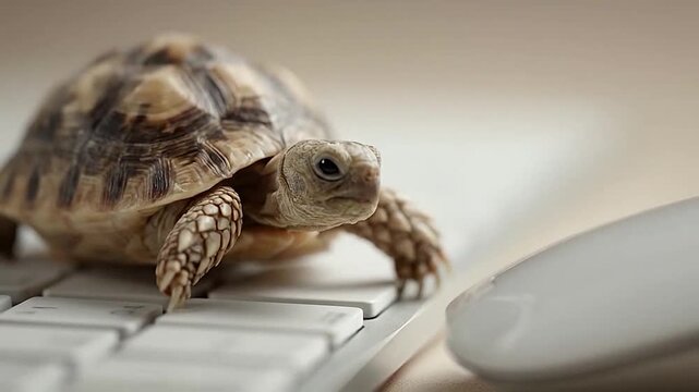 A small reptile slowly moves across a computer keyboard