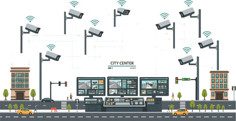Smart City Surveillance System with Networked CCTV Cameras Monitoring Urban Streets, Traffic and Buildings Security Control Vector Illustration © MdSumon