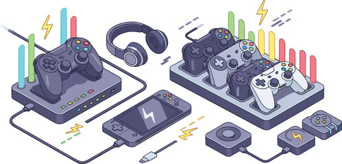 Gaming Accessories Set with Game Controllers, Headphones, Charging Dock and Portable Devices Video Game Equipment Vector Illustration © MdSumon
